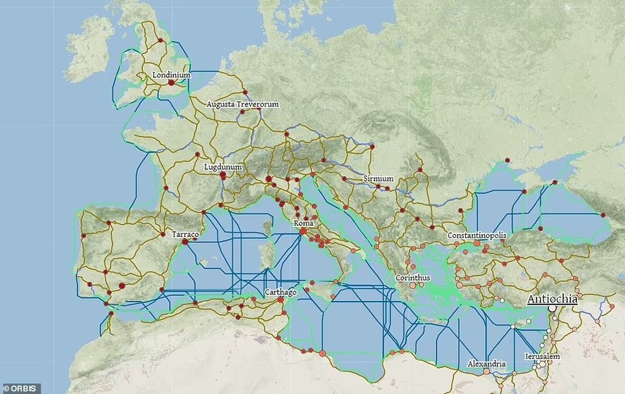 O mapa interativo do Império Romano traz uma rede rodoviária de 84.631 km, de estradas ou caminhos desérticos, além de 28.272 km em extensão de rios e canais