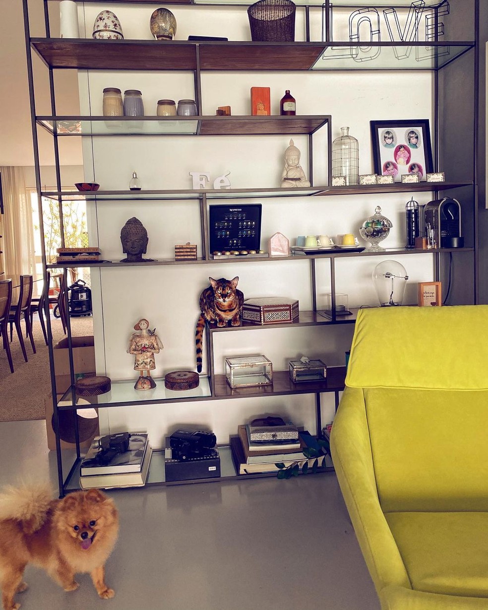 A estante tem variados itens de decoração — Foto: Instagram / Reprodução