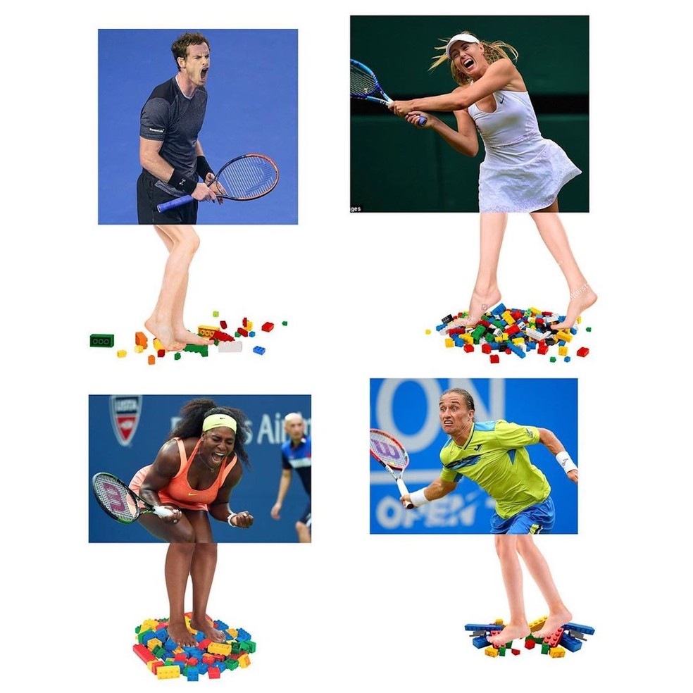 Na arte de Pablo, as expressões de jogadores de tênis viram a dor de quem pisou em um Lego — Foto:  Instagram / Reprodução