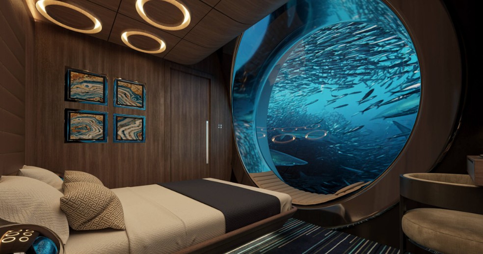 Os quartos luxuosos contam com muita madeira, luz aconchegante e janelas privativas — Foto: U-Boat Worx / Reprodução