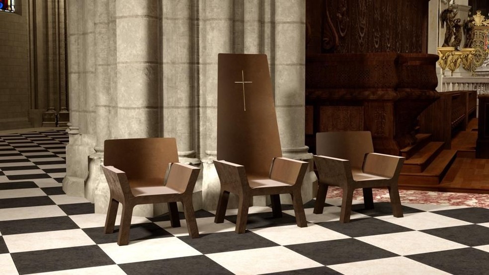 Os assentos da catedral seguem as linhas simples do púlpito — Foto: Galerie Kreo / Divulgação