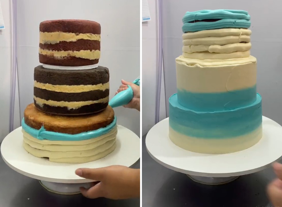 A tiktoker mostra todo o processo de decoração do bolo — Foto: TikTok / @shaidoceria / Reprodução