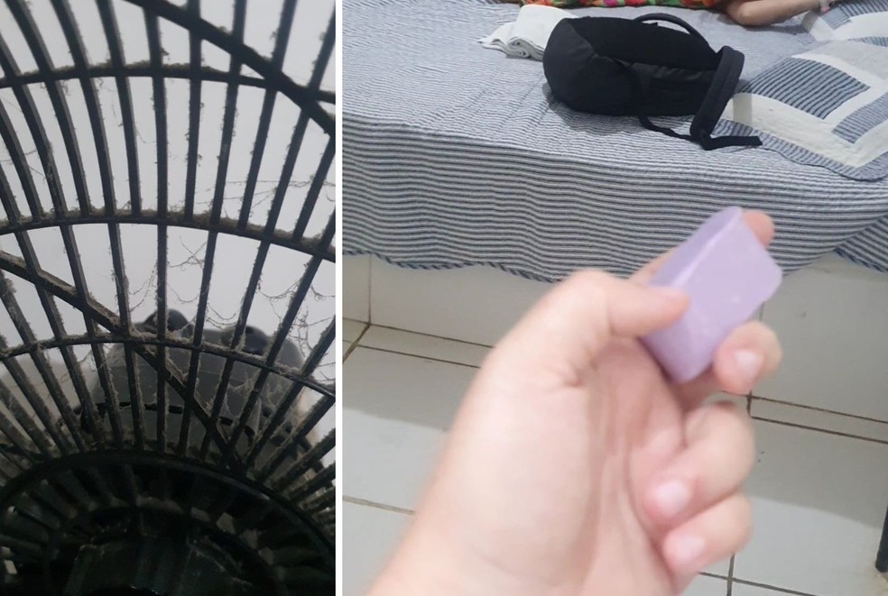 Ventilador coberto de pó e sabonete cortado ao meio estavam entre as "mordomias" do hotel — Foto: X / @BarbieDeBem / Reprodução