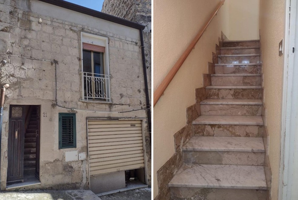 Rubia Daniels arrumou a fachada da casa de 1 euro e preservou a escada original de mármore — Foto: Rubia Daniels / Arquivo Pessoal