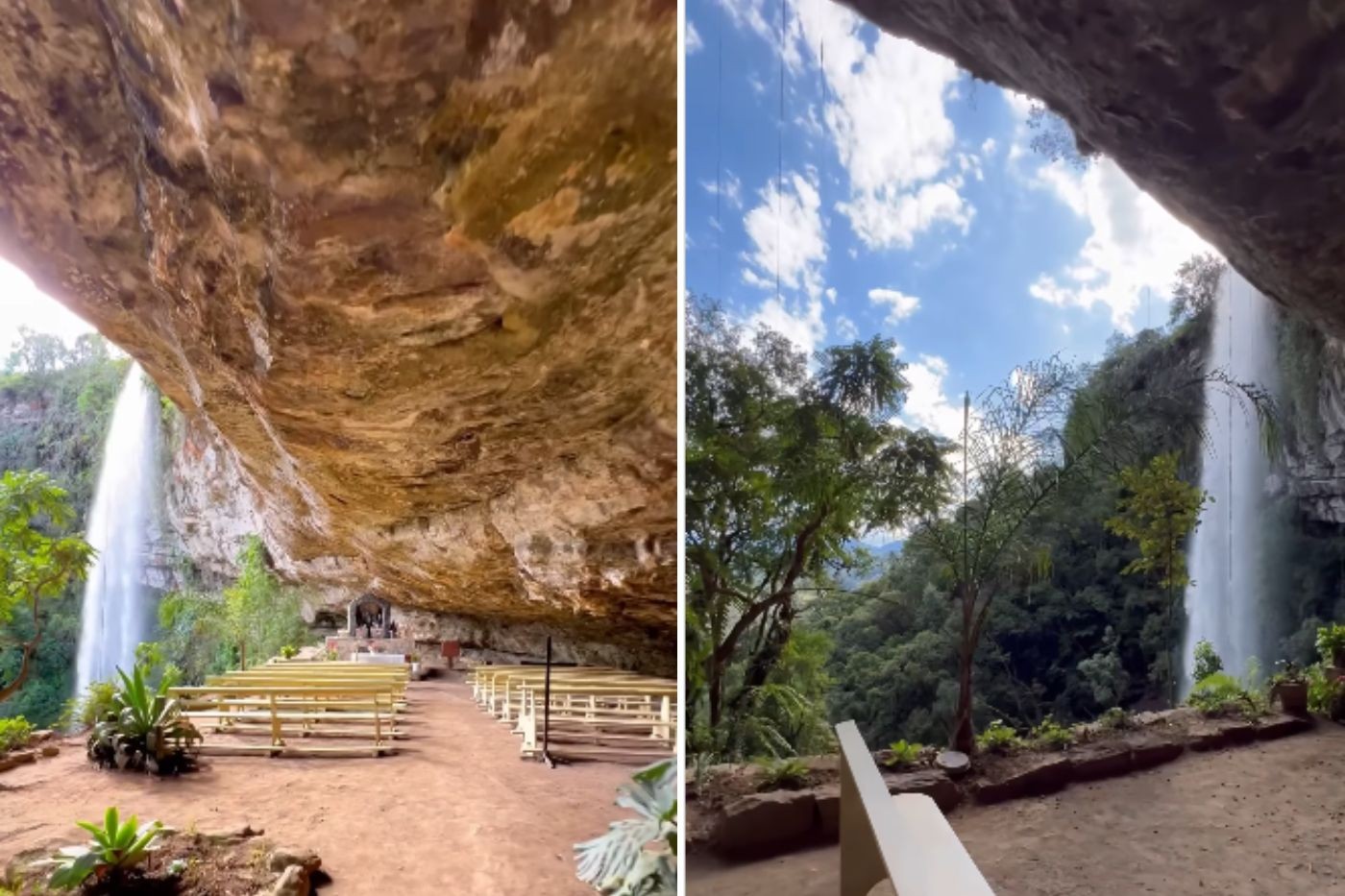 Gruta em SC tem capela para casamentos com vista espetacular de cachoeira