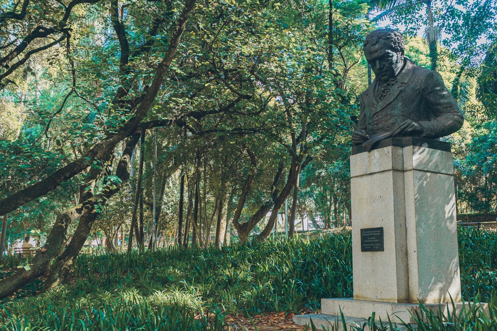 Em meio a vegetação de característica árborea e rasteira do Parque Buenos Aires, esculturas pontuais compõem a área verde no bairro do Higienópolis, em São Paulo — Foto: SVMA/Daniel Reis/Reprodução